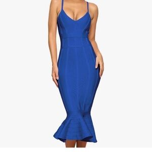 Blue Ruffled Bodycon Midi Dress Plunge Neckline